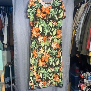 Attitudes by Renee Black Dress with Orange and Green Floral Print